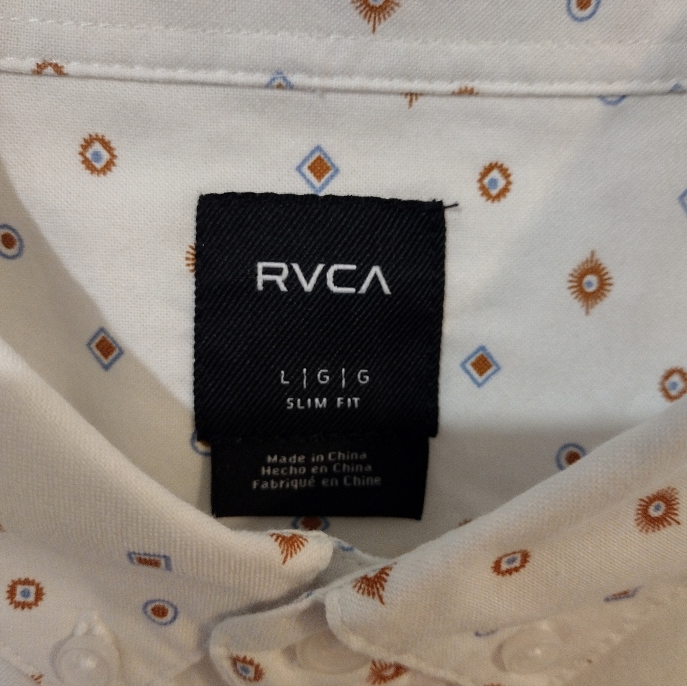 RVCA Men's White and Brown Patterned Short Sleeve Shirt, Sz LG, NWOT - Picture 2 of 2